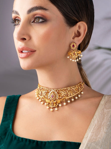 22K Gold-Plated White & Pink Ruby Stone-Studded Beaded Handcrafted Jewellery Set VitansEthnics