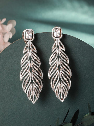 White & Rose Gold-Plated AD Feather Shaped Drop Earrings VitansEthnics
