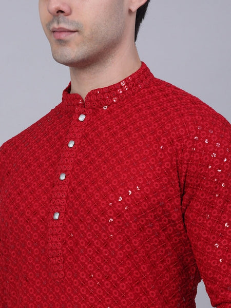 Men Red Geometric Sequin Embroidered Kurta VitansEthnics