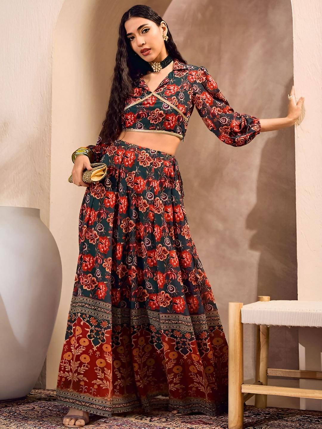 Floral Printed Crop Top With Skirt | Indian Lehenga Choli VitansEthnics
