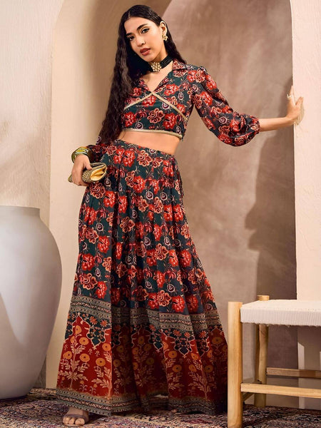Floral Printed Crop Top With Skirt | Indian Lehenga Choli VitansEthnics