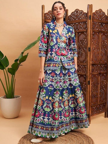 Indian Floral Printed Blazer With Skirt Co Ord Set For Women, Indian Top With Skirt Set, Indo Western Outfit, Indian Dress, Lehenga Choli VitansEthnics