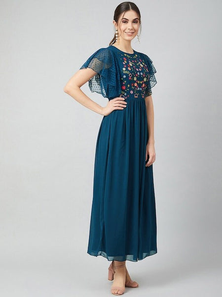 Blue Embroidered Maxi Dress for Women, Indo-Western Dress, Party Wear Indian Outfit, Anarkali, Wedding wear outfit, Maxi Gown Dress VitansEthnics