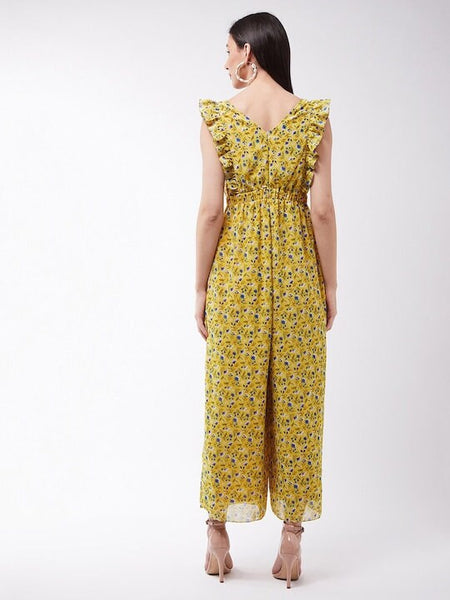 Designer Yellow & Blue Floral Print Jumpsuit For Women, Indo Western Dress, Party Wear Indian Dress, Jumpsuits With Ruffles, Fusion Wear VitansEthnics