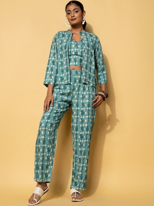 Ethnic Printed Crop Top With Palazzos & Shrug Set, Indo Western Ethnic Set, Printed Crop top with palazzo and Jacket Set, Fusion Outfit VitansEthnics