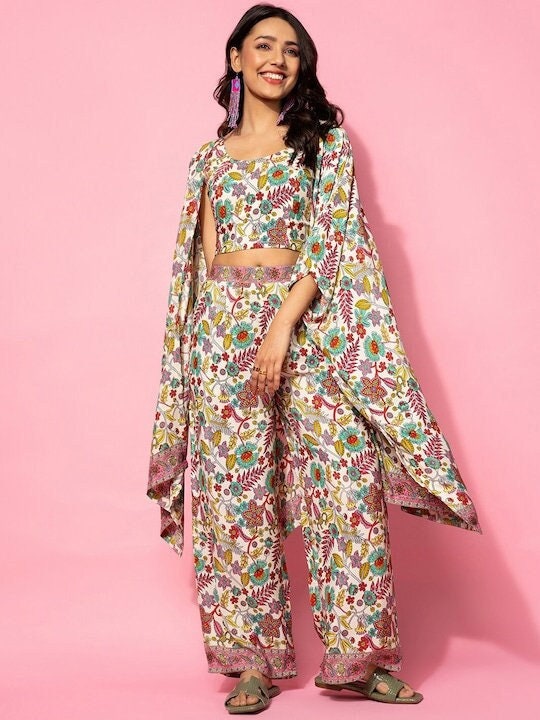 Ethnic Floral Printed Crop Top With Palazzos & Shrug Set, Indo Western Ethnic Set, Sleeveless Wide Leg Co-ords With Shrug, Fusion Outfit VitansEthnics