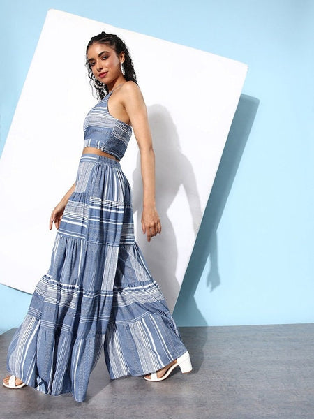 Women Stunning Blue Striped Crop Top with Sharara Pants, Indo Western Ethnic Set, Printed Crop top with Sharara, Fusion Outfit, Co-ords Set VitansEthnics