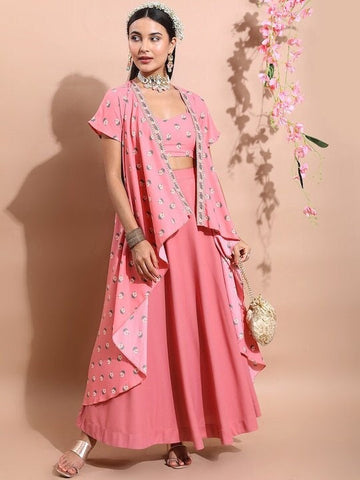 Pink & Green Floral Printed Ethnic Top with Skirt and Jacket Set, Indian Wedding Wear Outfits, Ethnic Wear, co-ords sets for women VitansEthnics