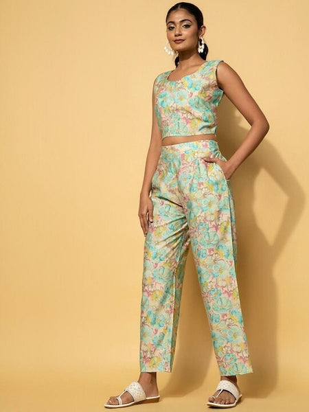 Floral Printed Crop Top Palazzo With Jacket Co-Ords, Indo Western Ethnic Set, Printed Crop top with palazzo and Jacket Set, Fusion Outfit VitansEthnics
