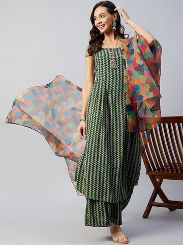 Women Green Printed Kurta with Palazzos and Dupatta, Chevron Printed Top & Palazzo Set, Indian Suit Set, Indo Western Outfit, Indian Dress VitansEthnics