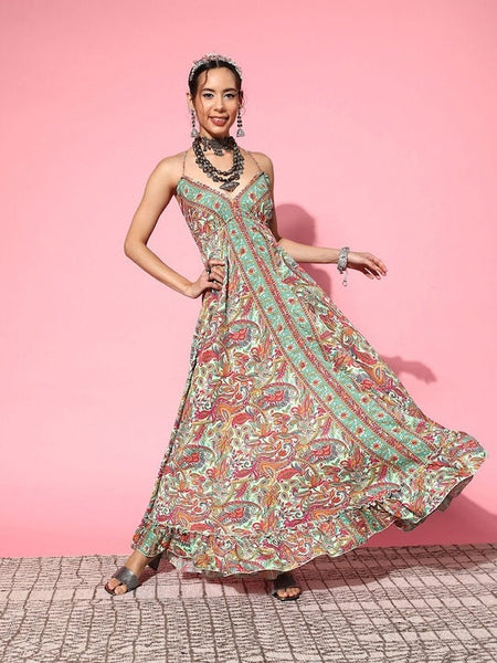 Women Floral Printed Maxi Dress, Indo Western Dress, Indian Dress, Wedding Wear outfit, Anarkali Dress For Women, Fusion Outfit VitansEthnics
