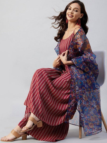 Women Maroon Printed Kurta with Palazzos and Dupatta, Chevron Printed Top & Palazzo Set, Indian Suit Set, Indo Western Outfit, Indian Dress VitansEthnics