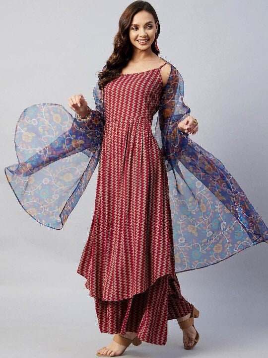 Women Maroon Printed Kurta with Palazzos and Dupatta, Chevron Printed Top & Palazzo Set, Indian Suit Set, Indo Western Outfit, Indian Dress VitansEthnics