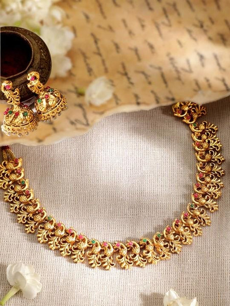 22K Gold-Plated Red & Green Studded Intricate Temple Jewelry Set, Indian Choker With Earrings Set, Contemporary Choker Necklace VitansEthnics