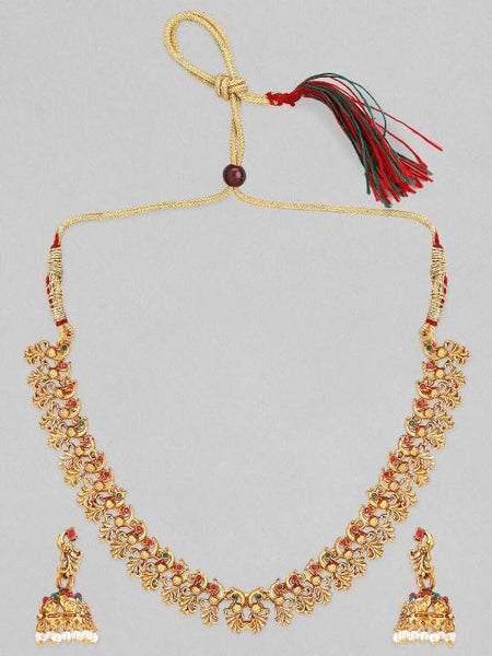 22K Gold-Plated Red & Green Studded Intricate Temple Jewelry Set, Indian Choker With Earrings Set, Contemporary Choker Necklace VitansEthnics