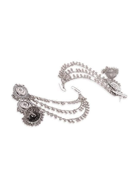 Silver-plated Dome Shaped Earrings With Hair Chain For Women, Classic Oxidised Earrings For Women, Contemporary Earrings, Indian Jewelry VitansEthnics