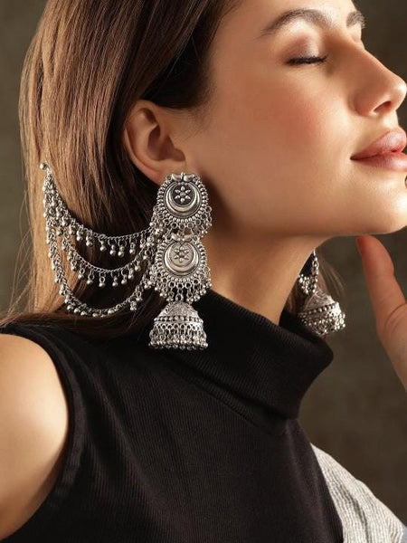 Silver-plated Dome Shaped Earrings With Hair Chain For Women, Classic Oxidised Earrings For Women, Contemporary Earrings, Indian Jewelry VitansEthnics