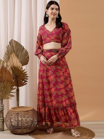 Floral Printed Crop Top With Skirt Co-Ords Set For Women, Indian Top with Skirt Set, Ethnic Indo Western Fusion Outfit, Coords, Lehenga VitansEthnics