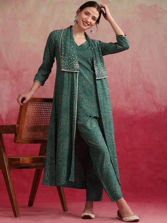 Printed Kurti With Trousers & Shrug Co-Ords Set For Women, Tunic with Palazzo Jacket Set, Indo Western Outfit, Ethnic Indian Dress VitansEthnics