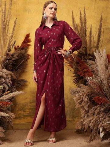 Printed Cuffed Sleeves Maxi Ethnic Dress For Women, Indian Dhoti Dress For Women, Indo Western Outfit, Shirt Style Maxi Dress For Women VitansEthnics