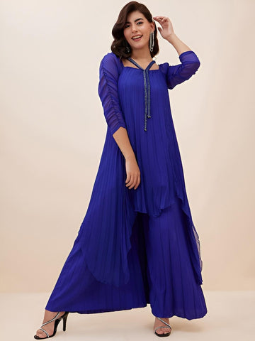 Puff Sleeve Pleated Top With Palazzo Set for Women, Coord Set, Festival Outfit, Ethnic Indian Dress, Indo Western Outfit, Kaftan Kurti Set VitansEthnics