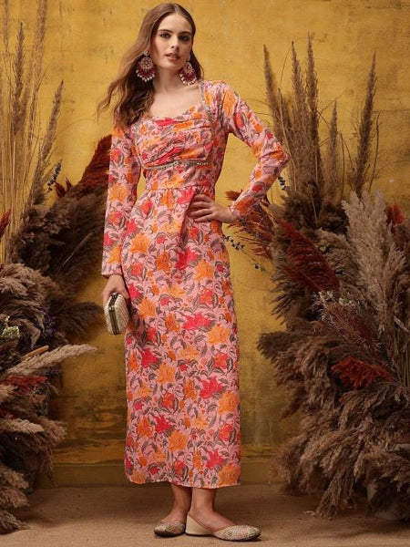 Floral Printed Maxi Ethnic Dress For Women, Indian Dress For Women, Indo Western Outfit, Maxi Dress For Women VitansEthnics