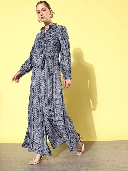 Abstract Print Shirt Style Jumpsuit For Women, Indian Dress For Women, Indian Jumpsuit, Indian Maxi Flared Jumpsuit With Belt VitansEthnics