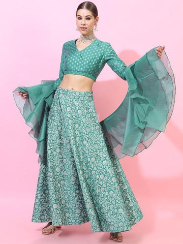 Turquoise Blue Foil Print Lehenga & Blouse With Dupatta, Crop Top With Skirt For Women, Indian Lehenga Choli, Wedding Guest Outfit Dress VitansEthnics