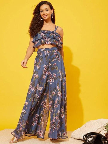 Floral Printed Ruffled Crop Top With Palazzo Set for Women Coord Set Festival Outfit Ethnic Indian Dress Indo Western Outfit VitansEthnics