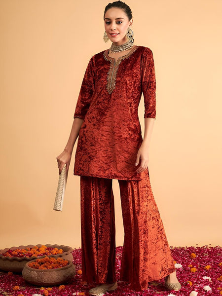 Embroidered Straight Velvet Kurta With Palazzo For Women, Tunic With Palazzo, Indian Dress, Party Wear Indo Western Outfit, Kurti Set VitansEthnics