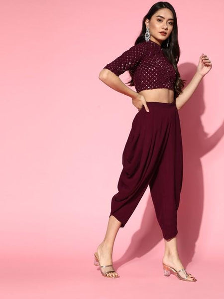 Sequin Crop Top With Dhoti Pants & Ruffled Dupatta Set, Ethnic Indo Western Outfit, Ready To Wear Dhoti Saree, Indian Wedding Outfit VitansEthnics