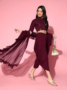 Sequin Crop Top With Dhoti Pants & Ruffled Dupatta Set, Ethnic Indo Western Outfit, Ready To Wear Dhoti Saree, Indian Wedding Outfit VitansEthnics