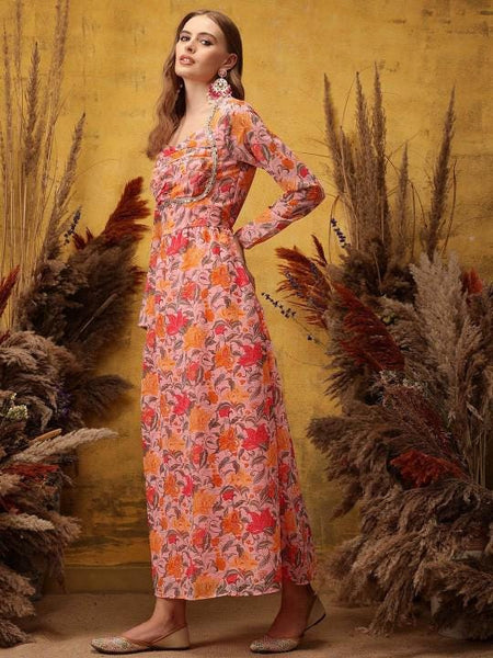 Floral Printed Maxi Ethnic Dress For Women, Indian Dress For Women, Indo Western Outfit, Maxi Dress For Women VitansEthnics