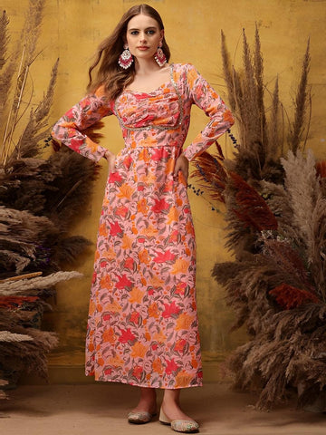 Floral Printed Maxi Ethnic Dress For Women, Indian Dress For Women, Indo Western Outfit, Maxi Dress For Women VitansEthnics