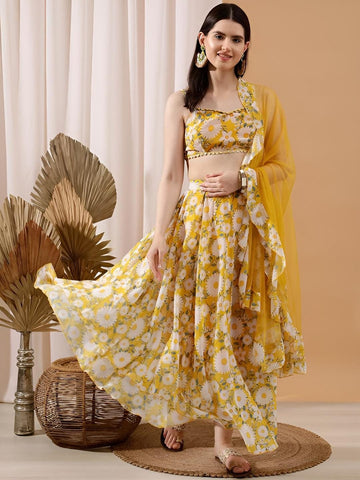 Floral Printed Crop Top With Skirt And Dupatta For Women, Indian Lehenga Choli, Wedding Guest Outfit, Indian Dress, Party Indo Western Dress VitansEthnics