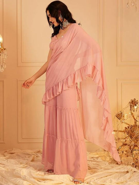 Peach Ready To Wear Saree, Embroidered Crop Top & Palazzo With Attached Dupatta Co-ord Set, Ethnic Indo Western Fusion Outfit, Lehenga Choli VitansEthnics