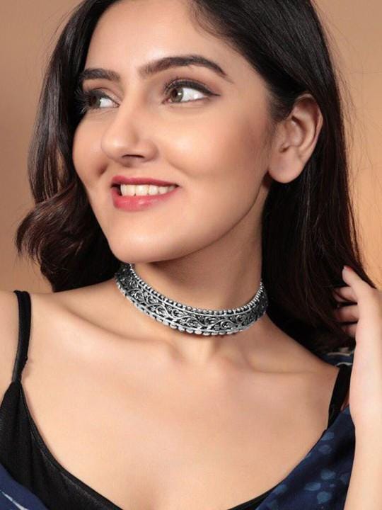 Oxidized Silver-Plated Gold Toned Choker, Choker Necklace For Women, Indian Choker, Contemporary Choker Necklace VitansEthnics