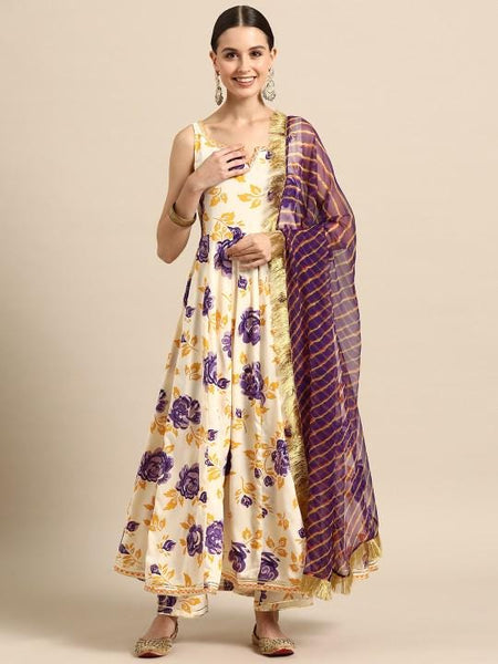 Floral Printed Pleated Gotta Patti Anarkali Kurta with Trousers & Dupatta For Women, Indian Dress, Party Wear Indo Western Outfit, Kurti Set VitansEthnics