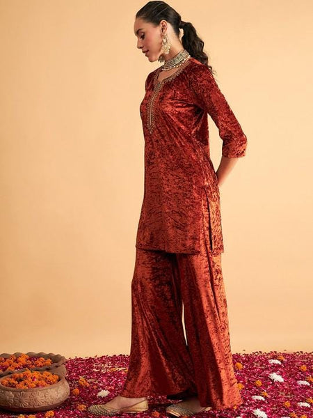 Embroidered Straight Velvet Kurta With Palazzo For Women, Tunic With Palazzo, Indian Dress, Party Wear Indo Western Outfit, Kurti Set VitansEthnics