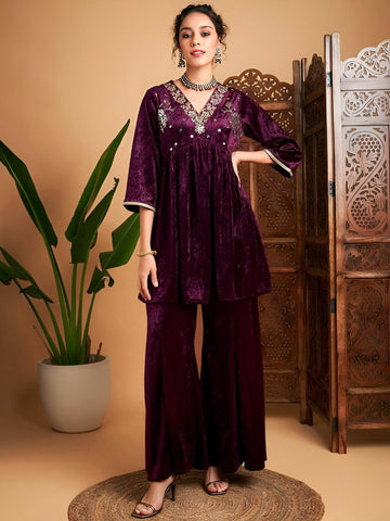 Embroidered Velvet Anarkali Kurta With Palazzo For Women, Tunic With Palazzo, Indian Dress, Party Wear Indo Western Outfit, Kurti Set VitansEthnics