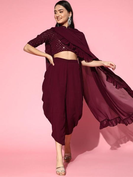 Sequin Crop Top With Dhoti Pants & Ruffled Dupatta Set, Ethnic Indo Western Outfit, Ready To Wear Dhoti Saree, Indian Wedding Outfit VitansEthnics