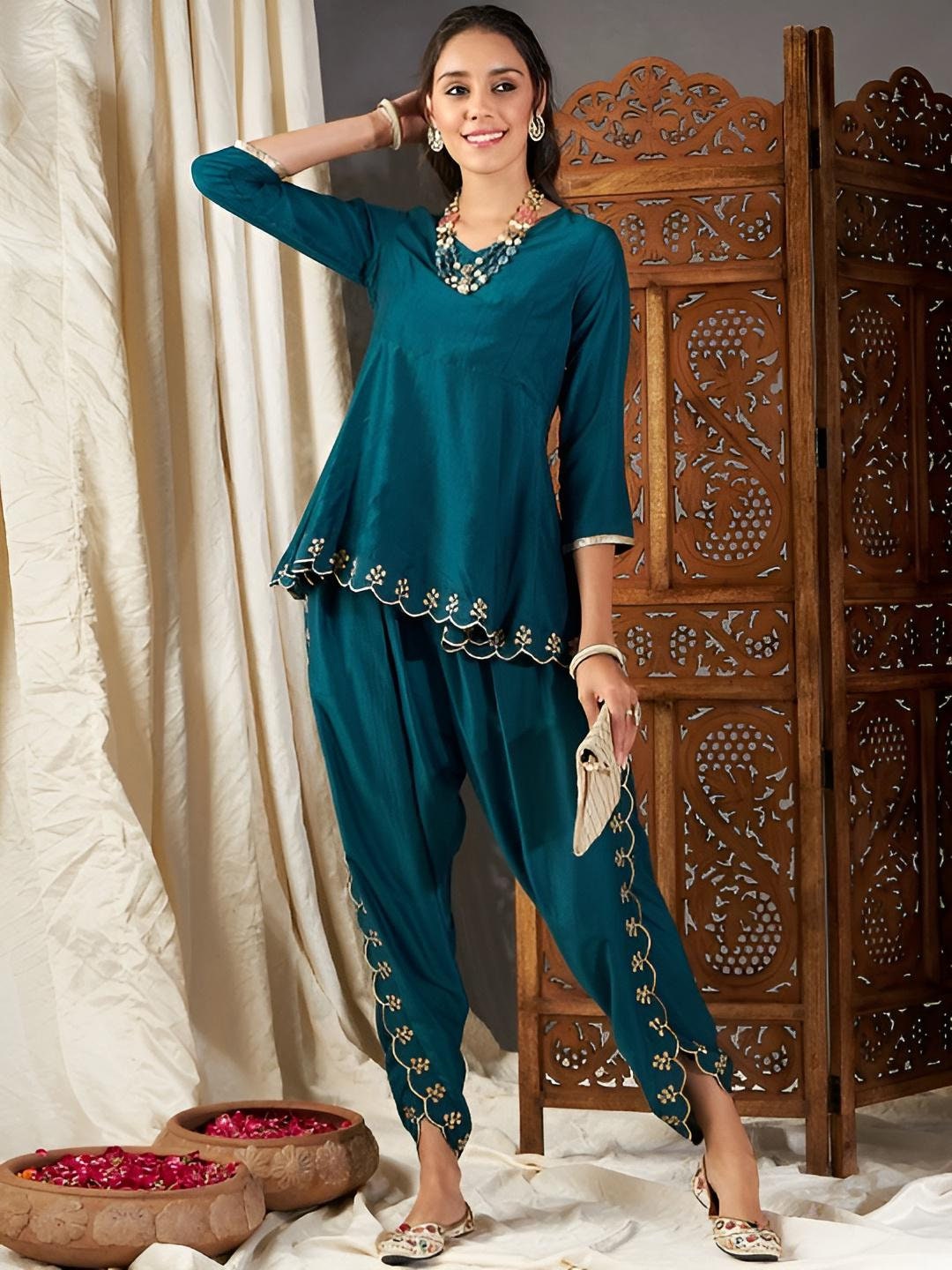 Embroidered Peplum Kurta With Dhoti Pants For Women, Tunic With Palazzo, Indian Dress, Party Wear Indo Western Outfit, Dhoti Kurta Set VitansEthnics