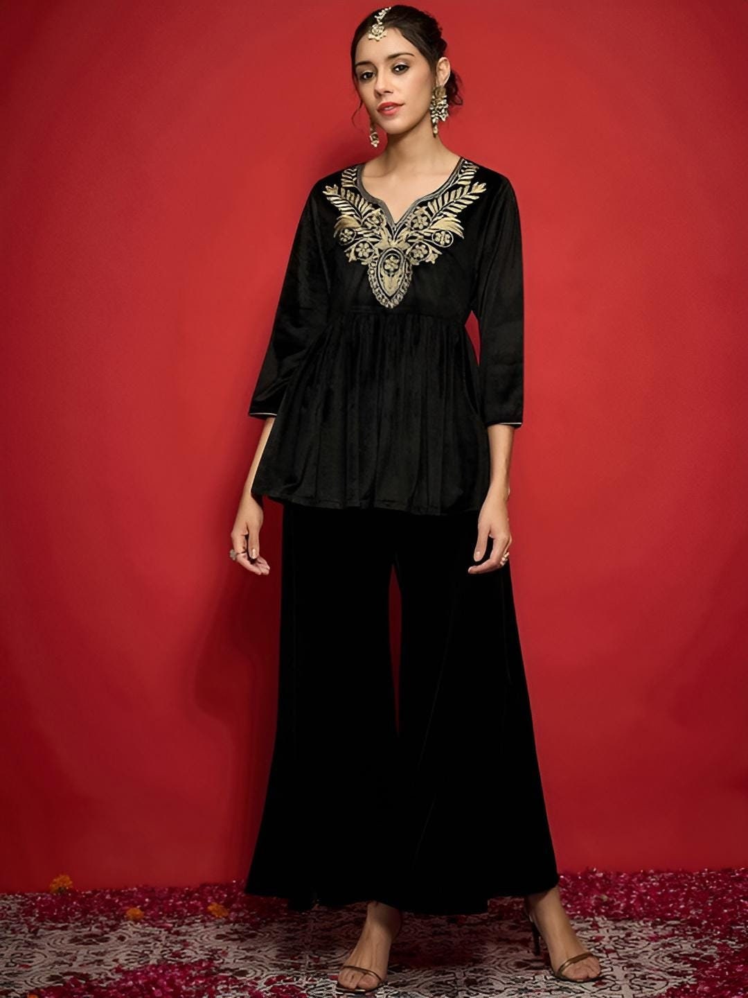 Embroidered Velvet Peplum Kurta With Palazzo For Women, Tunic With Palazzo, Indian Dress, Party Wear Indo Western Outfit, Indian Suit Set VitansEthnics