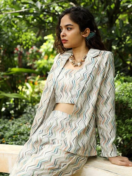 Printed Crop Top With Trousers and Blazer Set for Women, Coord Set, Ethnic Indian Dress, Indo Western Outfit, Crop Top With Pants and Jacket39 VitansEthnics