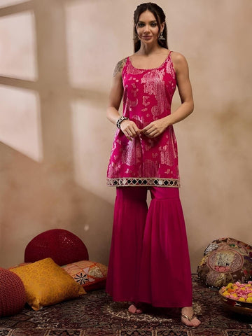 Sleeveless Woven Kurta With Sharara Pants Set VitansEthnics