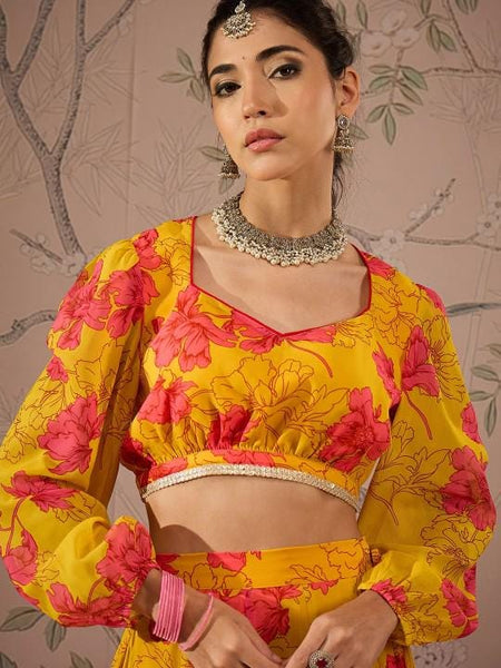 Floral Printed Crop Top With Skirt For Women, Indian Lehenga Choli, Wedding Guest Outfit, Indian Dress, Indian Gown Party Indo Western Dress VitansEthnics