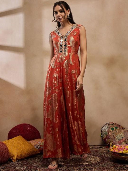 Rust Printed Mirror Work Kalidar Jumpsuit For Women, Indian Jumpsuit, Indian One Piece Dress, Indo Western Outfit, Wedding Guest Outfit VitansEthnics