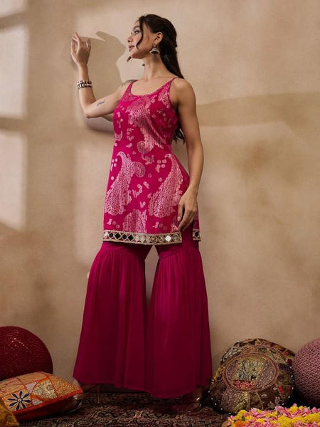 Sleeveless Woven Kurta With Sharara Pants Set VitansEthnics