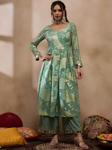 5Woven Pleated Mirror Work Jacquard Anarkali Kurta With Palazzo, Indian Dress, Wedding Guest Party Wear Indo Western Outfit, Palazzo Suit Set VitansEthnics