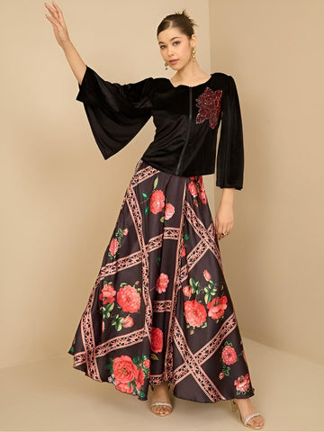 Black Embellished Velvet Top With Skirt Indian Lehenga Choli